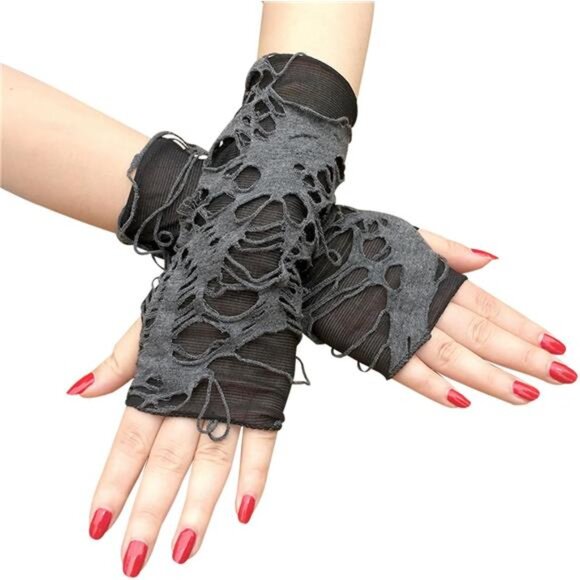 Women's Punk Fingerless Gloves Arm Warmers Black Ripped Gothic Gloves - Picture 2 of 7